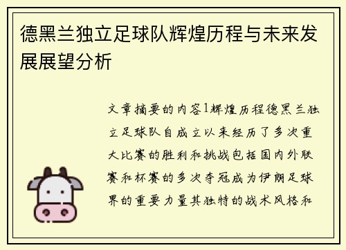 德黑兰独立足球队辉煌历程与未来发展展望分析