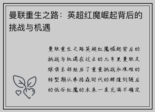 曼联重生之路：英超红魔崛起背后的挑战与机遇